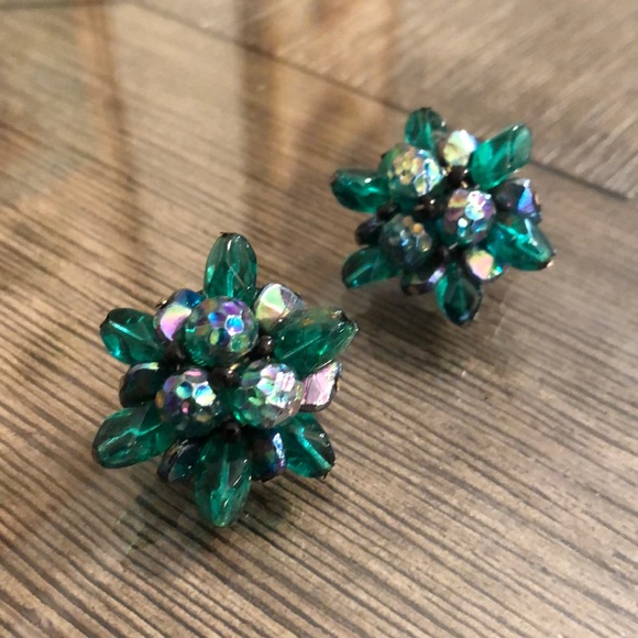 Vintage Clip Earrings Iridescent Glass Beads West Germany - Picture 3 of 12